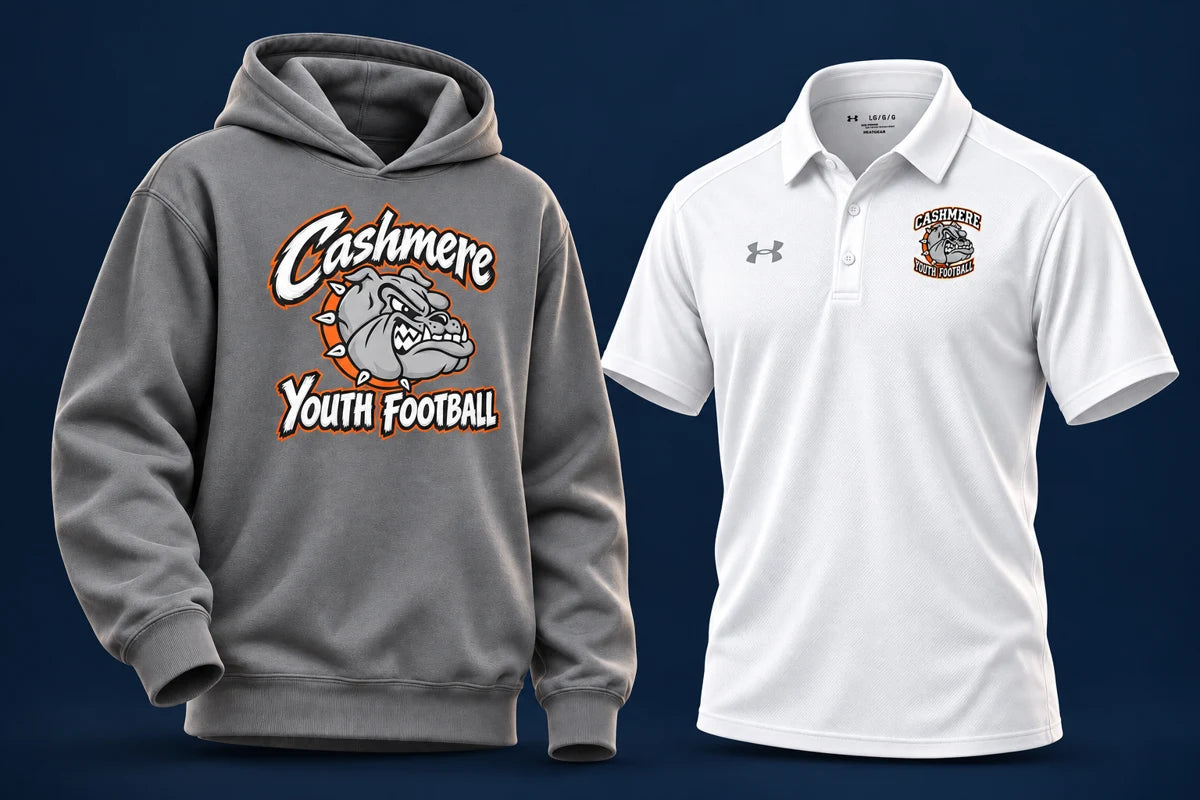 Cashmere Youth Football hoodie and coaches polo product mockups